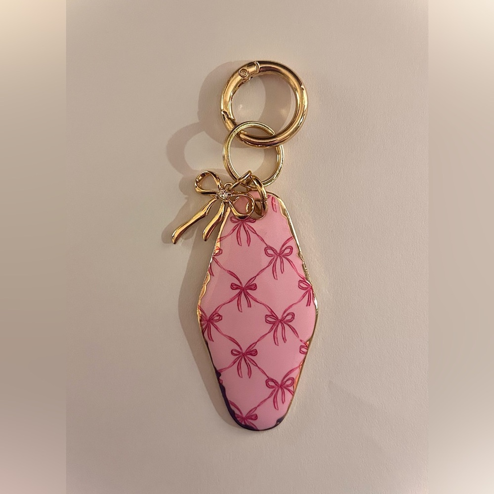 Piper K Pink Cute Ribbon Bow Keychain/ Bag Charm w/ Gold Accents